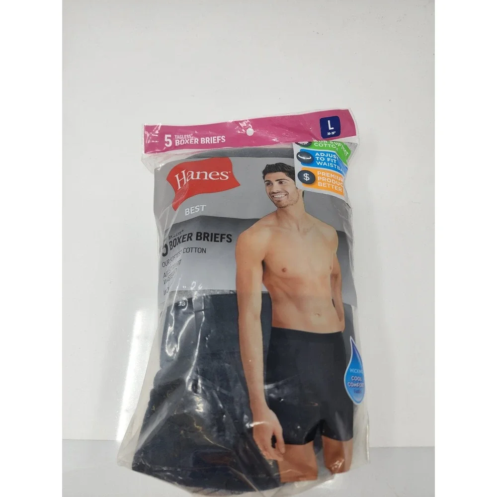 Hanes Mens Tagless Boxer Briefs Black Cotton Blend Casual Size Large
